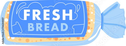 Cartoon fresh bread in a blue package, flat style. Packaged loaf of bread with label. Grocery item and bakery product vector illustration.