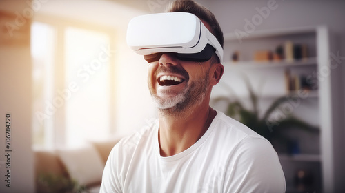 Portrait of happy smiling enthusiastic Caucasian guy man person in virtual reality headset in white room. © ALA