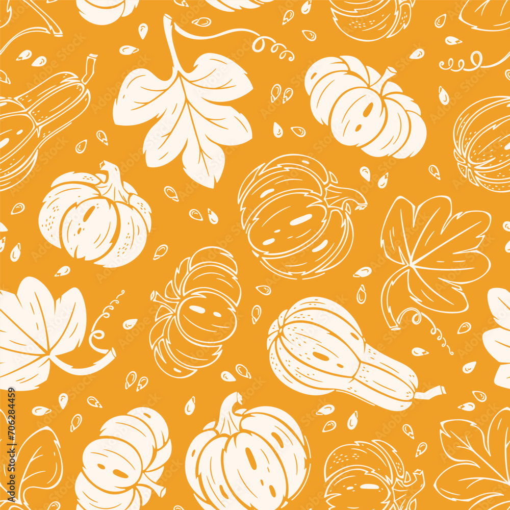 Thanksgiving Day. Pumpkin Seamless Pattern. Different Varieties of Pumpkins and Leaves. Autumn Harvest Symbols Repeating Orange Background. Healthy Food. Vegetables Vector illustration. Thanksgiving Day. Pumpkin Seamless Pattern. Different Varieties of Pumpkins and Leaves. Autumn Harvest Symbols Repeating Orange Background. Healthy Food. Vegetables Vector illustration.