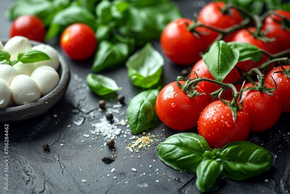 Fresh Cherry Tomatoes on the Vine Accompanied by Creamy Mozzarella and Green Basil on a Slate Background Fresh Cherry Tomatoes on the Vine Accompanied by Creamy Mozzarella and Green Basil on a Slate Background