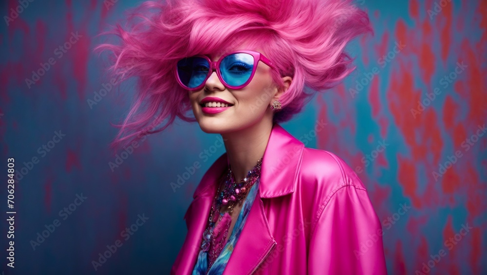 A stylish and confident young woman in her twenties, donning vibrant pink hair and chic glasses, exudes a playful and carefree charm with a radiant smile.