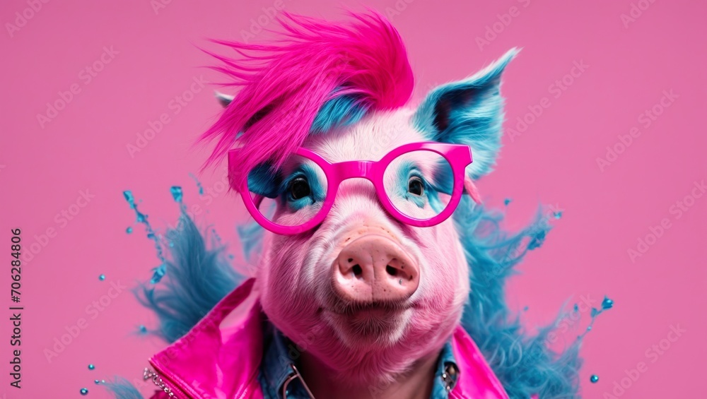 Pink and blue pig with glasses and a cool haircut posing as a model.