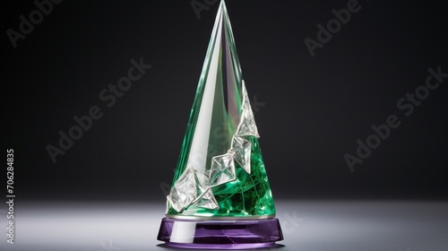 an elegant cone-shaped award trophy featuring lively shades of emerald and amethyst, symbolizing dedication and excellence, displayed prominently against a backdrop of pure white sophistication.