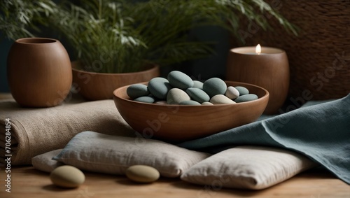 Table setup yoga  mindfulness  and spirituality with candles and stones in gentle colors.