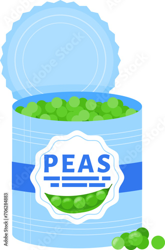 Opened green peas can with label showing. Canned food vector illustration. Grocery shopping and healthy eating concept.