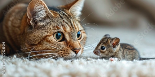 An adorable image of a cute kitten and a gray mouse playfully exploring each other.