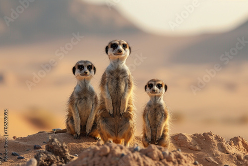 Meerkat Family Standing Alert in Desert
