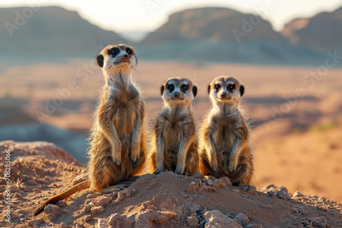 Meerkat Family Standing Alert in Desert