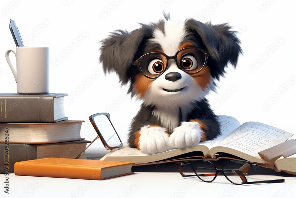 3D cartoon cute dog reading and writing