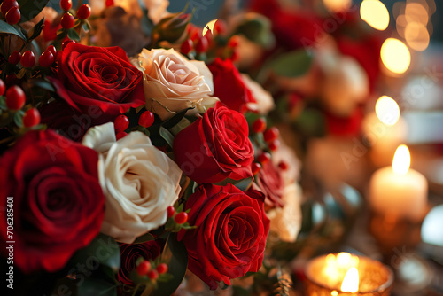 Close up of white and red roses with candle light as background  romantic elements for valentine   s day  realistic illustration  generative ai