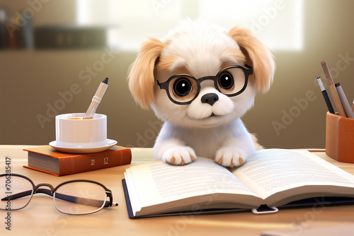 3D cartoon cute dog reading and writing