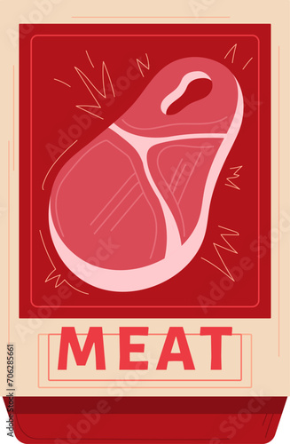 Red package of meat with illustration of steak on front. Flat design of packaged meat product with bold lettering. Grocery item and butcher shop vector illustration.