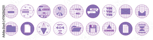 Big set of stickers in trendy y2k style. Old computer aesthetics from the 90s, 00s. Vector design elements for scrapbooking