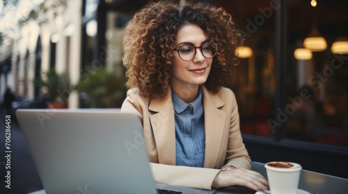 A curly-haired Caucasian woman is having a business conversation online through her laptop and looking through glasses in a modern office. Business. freelancer, success, favorite job concepts. © liliyabatyrova