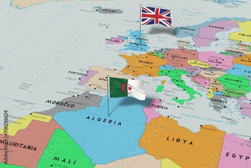 United Kingdom and Algeria - pin flags on political map - 3D illustration