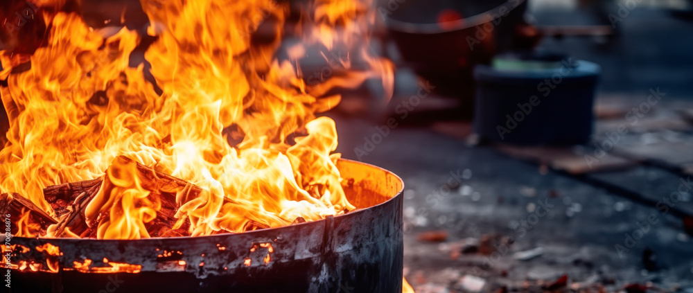 Obraz premium Fire in a burning metal barrel with hot red and orange flames. 