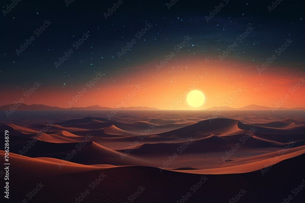 A beautiful landscape of a sunrise over desert sand dunes, set against a warm gradient starry sky. Generative AI A beautiful landscape of a sunrise over desert sand dunes, set against a warm gradient starry sky. Generative AI