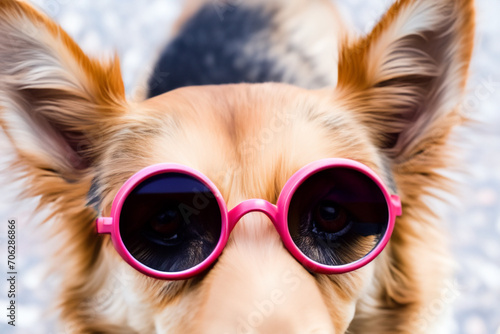 dog with glasses. dog's muzzle close-up, pink glasses. animals concept