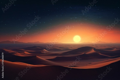 A beautiful landscape of a sunrise over desert sand dunes, set against a warm gradient starry sky. Generative AI