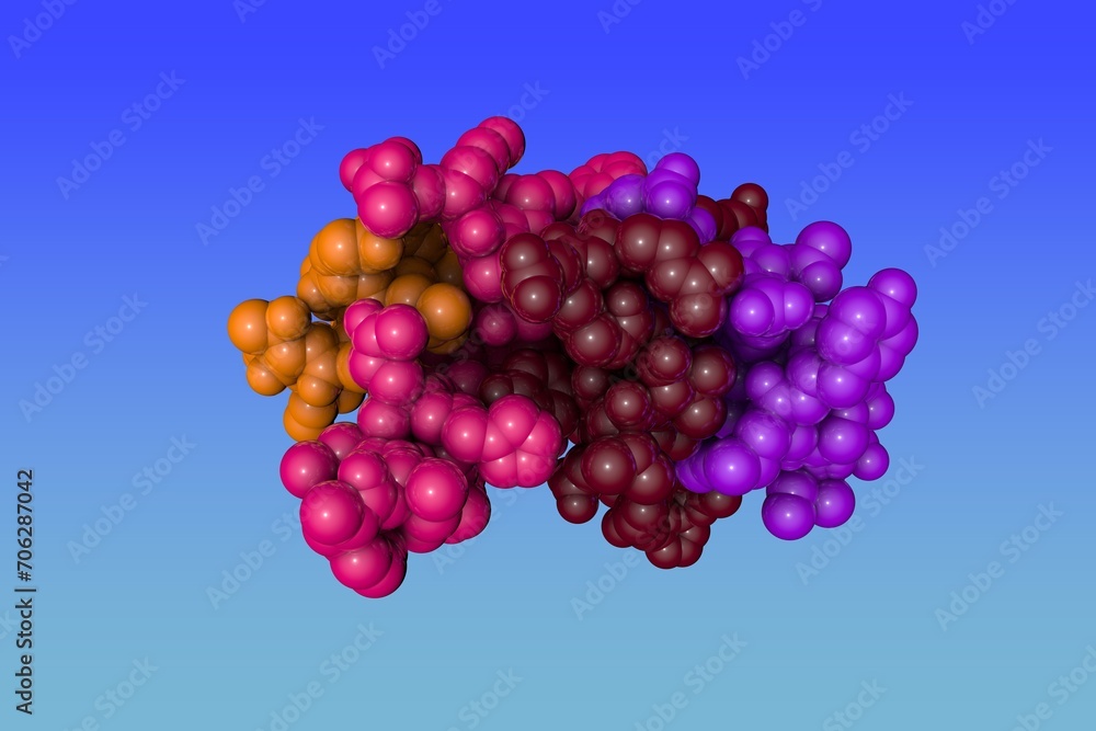 Diabetes-associated mutations in human insulin: A-chain variant insulin Wakayama. Rendering with differently colored protein chains based on protein data bank entry 1xw7. 3d illustration