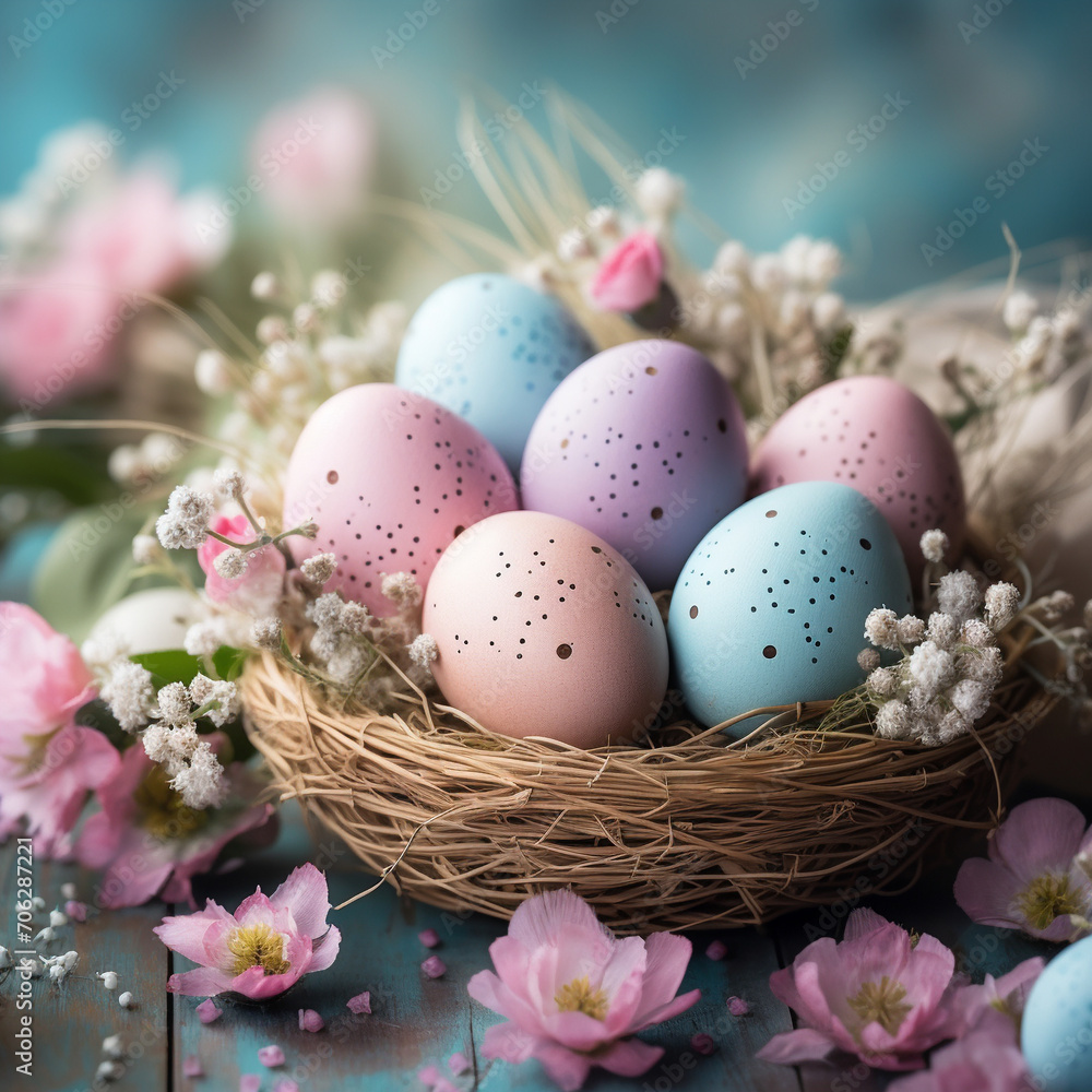 Easter eggs of different colors in wicker basket with white and pink flowers on colored background. Easter eggs in pastel colors.