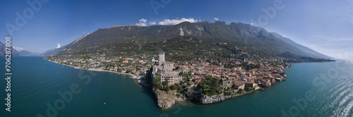 Malcesine and Lago di Garda aerial view, Veneto region of Italy. Malcesine is a small town on the shore of Lake Garda in Verona province, Italy.