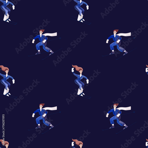 Watercolor seamless patern with skiers. Winter textile. Sport costume. Wrapping paper for ski resort souvenirs. Dark blue background © jennyfish