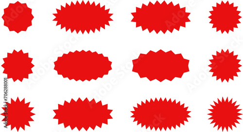 Starburst red sticker set - collection of special offer sale oval and round shaped sunburst labels and badges. Promo stickers with star edges. Vector.