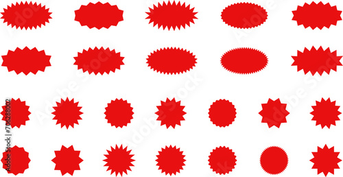 Starburst red sticker set - collection of special offer sale oval and round shaped sunburst labels and badges. Promo stickers with star edges. Vector.