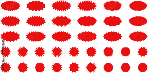 Starburst red sticker set - collection of special offer sale oval and round shaped sunburst labels and badges. Promo stickers with star edges. Vector.