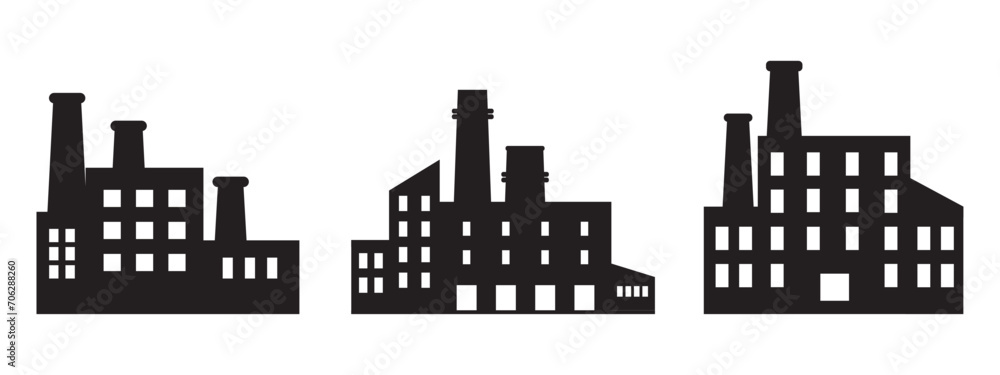 Vector set modern silhouette factory isolated on white background. Technology engineering concept