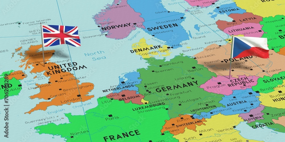 United Kingdom and Czech Republic - pin flags on political map - 3D illustration