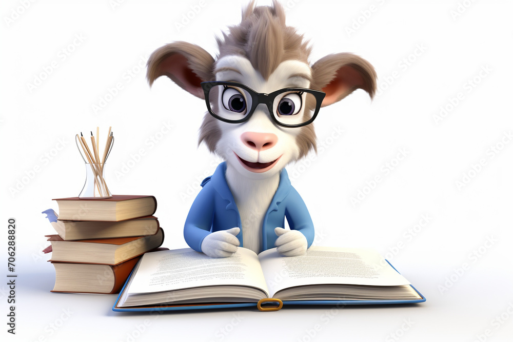3D cartoon cute goat reading and writing