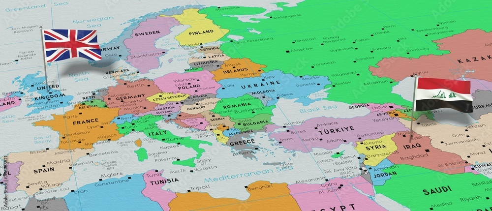 Naklejka premium United Kingdom and Iraq - pin flags on political map - 3D illustration