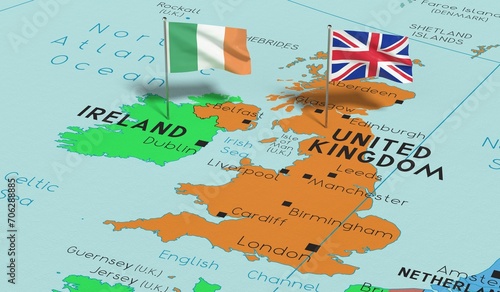 Foto United Kingdom and Ireland - pin flags on political map - 3D illustration