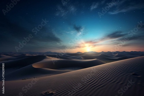 Surreal landscape at dusk with sand dunes and a breathtaking starry sky. Generative AI
