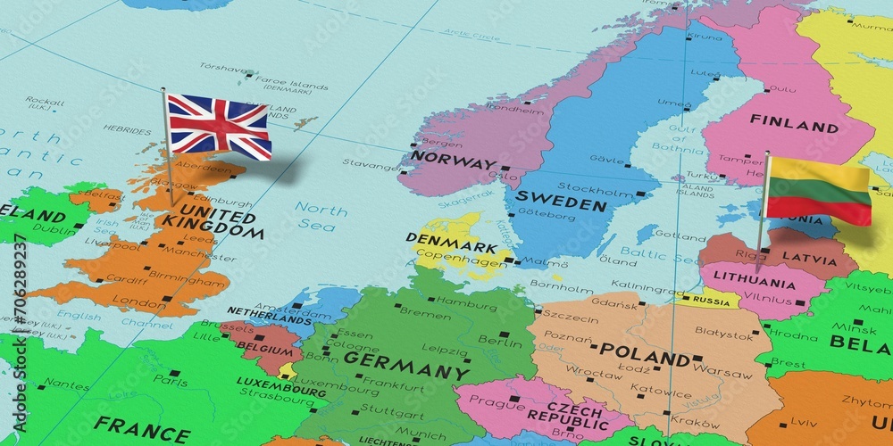 United Kingdom and Lithuania - pin flags on political map - 3D illustration