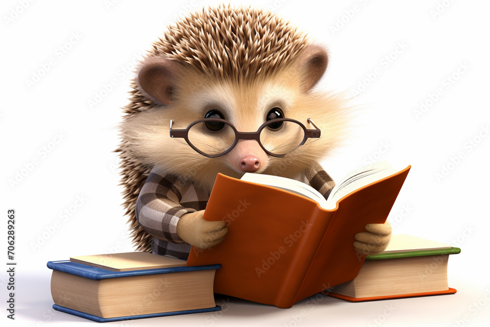 3D cartoon cute hedgehog reading and writing