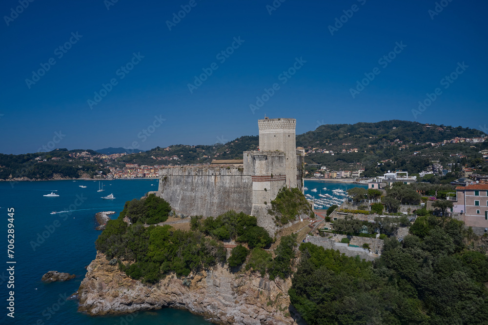 Yachts and boats. Aerial view of Lerici Castle. Vivid beautiful town Lerici in Liguria, Italy. Italian resorts on the Ligurian coast aerial view.