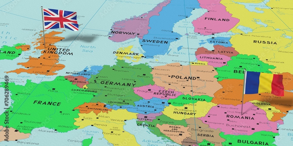 United Kingdom and Romania - pin flags on political map - 3D illustration