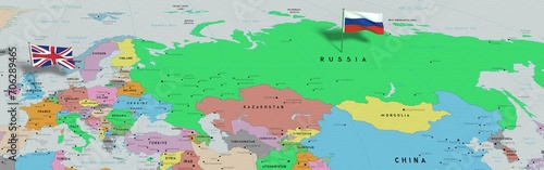 United Kingdom and Russia - pin flags on political map - 3D illustration