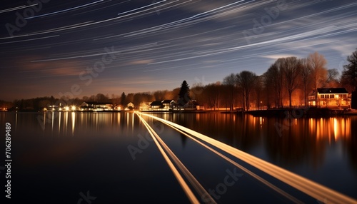 Star Trails Over Peaceful Lake, Trees Illuminated by Warm Lights, Serene Night Scene, Long Exposure Shot, Calm Water Reflecting Star Trails and Lights, Ambient Light Illuminating Clouds and Atmosphere