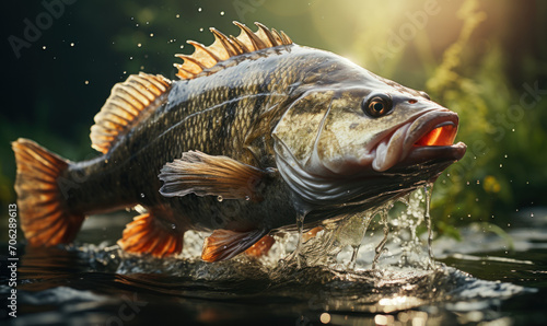 Dynamic Image of a Large Freshwater Perch Leaping from Water, Splashing with Greenery in Background, Concept of Fishing Trophy
