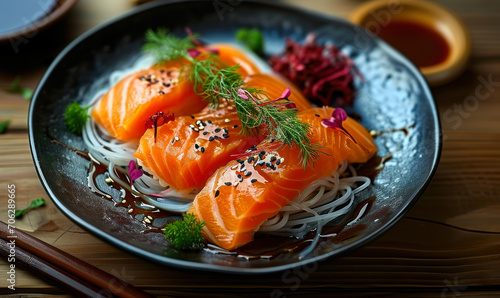 Fresh Sashimi-Style Salmon Slices Served on a Black Plate with Garnish and Soy Sauce on a Wooden Table, Traditional Japanese Cuisine for Gourmet Seafood Lovers