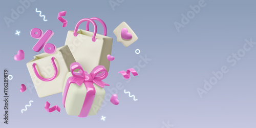 Valentine's Day gift shopping, holiday sale and special offer 3D banner with copy space. Pink and white paper bags, present box, percent sign hearts and confetti. Three dimensional vector background.