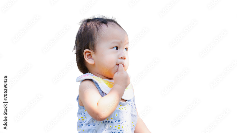 Asian Baby Toddler is Sucking the Index Finger of His Hand when he is Shy or thinking, On Isolated White Background. Asian Baby Toddler is Sucking the Index Finger of His Hand when he is Shy or thinking, On Isolated White Background.