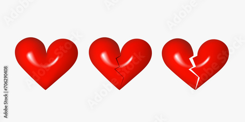 Red hearts clipart isolated on white background. 3d vector illustration