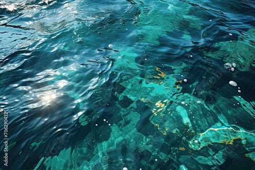 Blue green surface of the ocean with gentle ripples on the surface and light refracting © Irina Mikhailichenko