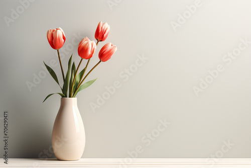 An artistically rendered depiction of a minimalist floral arrangement, showcasing a single tulip in a clear vase, exuding a sense of purity and grace against a calm.