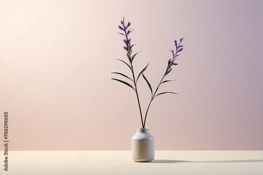 A sleek and modern illustration highlighting a minimalist presentation of a single lavender stem, neatly placed in a slender vase, evoking a sense of tranquility.